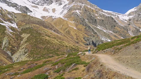Parallax of lonely trekker with large backpack hiking mountain wilderness Vidéo 237029797