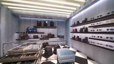 Parallax shot of one corner inside Prada fashion shop Stock Footage 110044941