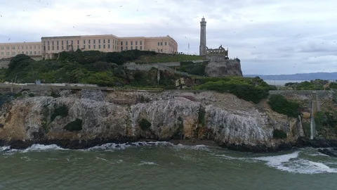 Parallel To Alcatraz Island Cliffs On Cloudy Day With Enormous Flock Of Seagu Stock Footage 121386113