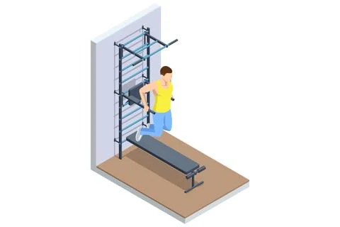 Parallel bar dips. Isometric vector illustration of a man performing parallel Stock Illustration