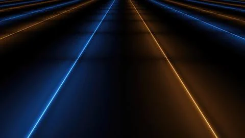 Parallel blue and orange neon lights illuminating dark surface converging a.. Stock Photos