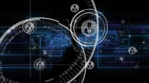 Parallel blue data lines pulsing inward fading into spinning HUD reticle Stock Footage 315788627