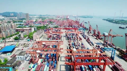 Parallel container rows extending along Huangpu Port riverbank in China Stock Footage 346439522