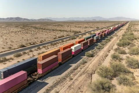 Parallel container stack trains in desert environment Stock Photos