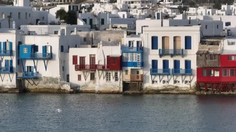 Parallel Drone Flight at Sea Level Along Famous Little Venice Seafront Stock-Footage 316602040