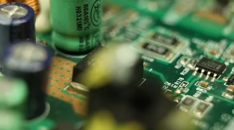 Parallel Electronics Parts On A Real Circuit Main Board Energy Hi Tech Science Stock Footage 8765447