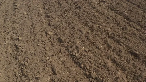 Parallel lines in fertile earth made with tractor plough 4K drone video Stock Footage 105396737