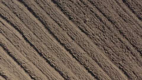 Parallel lines of soil after plowing 4K aerial video Stock Footage 105396827