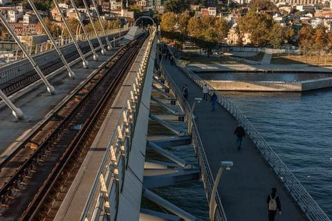 Parallel Metro Tracks and Pedestrian Path on Halic Bridge Stock Photos