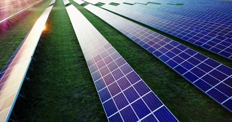 Parallel panels of a solar power plant in the field. Stock Footage 168941362