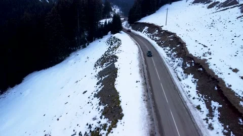 Parallel Paths: Snowy Roads and Forest Canopies In SUV Stock Footage 234231739