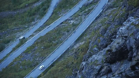 Parallel ribbons of the Trollstigen road threading the steep slope, Route 63, Stock Footage 344536296