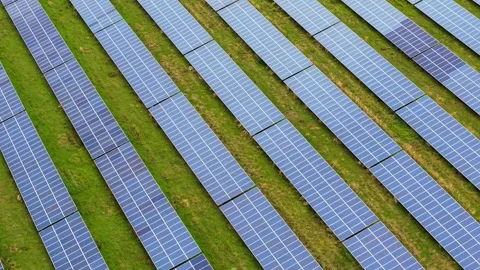 Parallel rows of blue solar panels across green grass from overhead view Stock Footage 345501205
