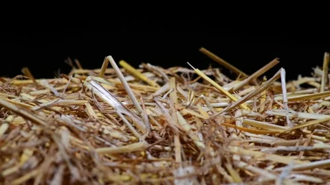 Parallel tracking over a bunch of straw as border, isolated with black backgr Video stock 142590898