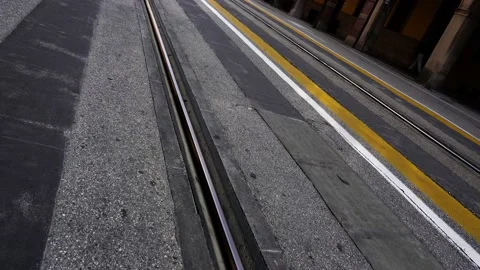 Parallel tram line rails on wide asphalt road in city Stock Footage 151481835
