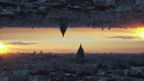 Parallel worlds, a drone flies in Moscow at sunset in the city center. Stock Footage 142252851