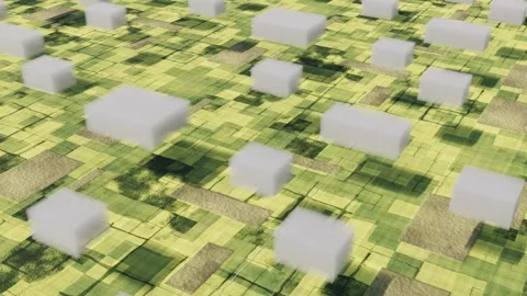 Parallelepiped clouds float over green fields able to loop endless Video stock 311459002