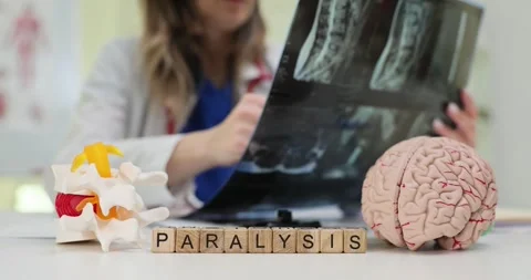 Paralysis on wooden blocks with brain model and spine figure Stock Footage 317170104