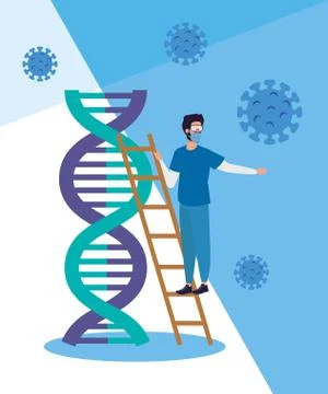 Paramedic and dna structure with particles covid 19 스톡 일러스트