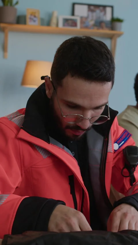 Paramedic Checking Vials before Providing Aid to Patent at Home Stock Footage 318878001
