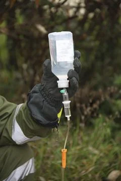 A paramedic during an emergency exercise, administering an infusion, infusion Stock Photos