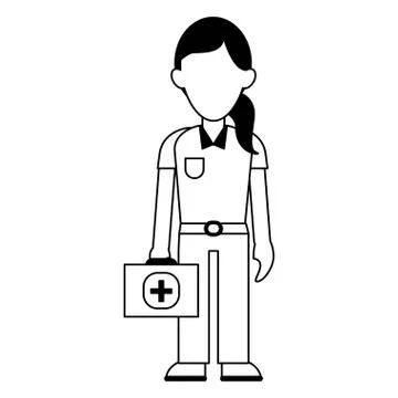 Paramedic with first aids suitcase black and white イラスト素材