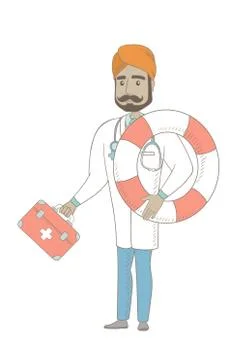 Paramedic holding first aid box and lifebuoy. Stockillustratie
