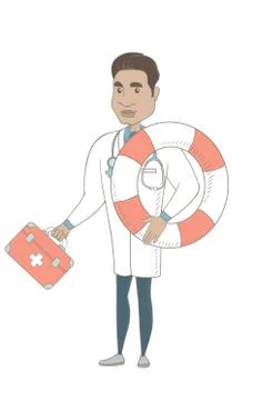 Paramedic holding first aid box and lifebuoy. Stock Illustration
