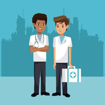 Paramedic men suitcase first aid with urban background Illustrazione stock