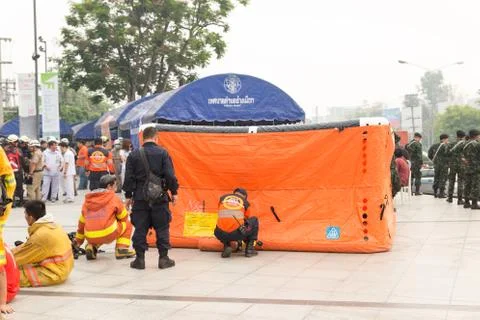 Paramedic in mock disaster drill 스톡 사진
