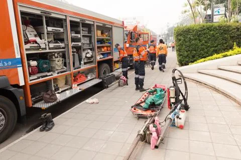 Paramedic in mock disaster drill 스톡 사진