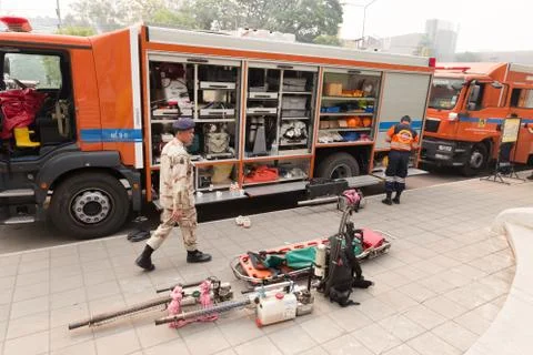 Paramedic in mock disaster drill 스톡 사진
