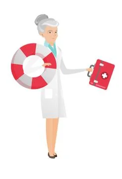 Paramedic running with first aid box and lifebuoy. Illustrazione stock