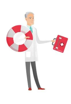 Paramedic running with first aid box and lifebuoy. Stock Illustration