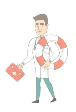 Paramedic running with first aid box and lifebuoy. Stockillustratie