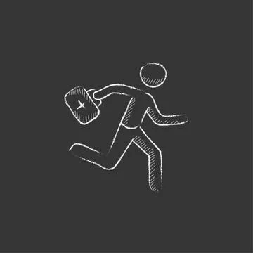 Paramedic running with first aid kit. Drawn in chalk icon 스톡 일러스트