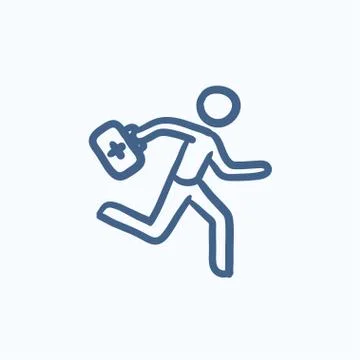Paramedic running with first aid kit sketch icon Stock Illustration