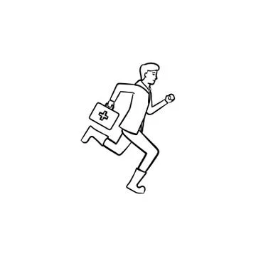 Paramedic running with first aid kit hand drawn outline doodle i Stock Illustration