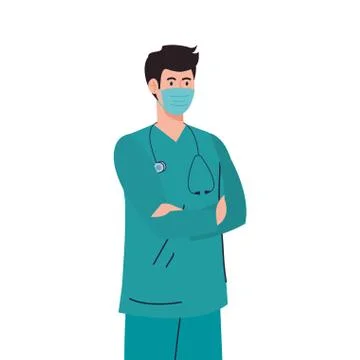 Paramedic using face mask during covid 19 on white background 库存插图