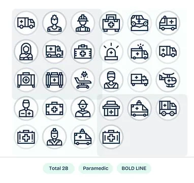 Paramedic Vector Icon Set with 28 Bold Line 128x128 Display Perfect Graphics Stock Illustration