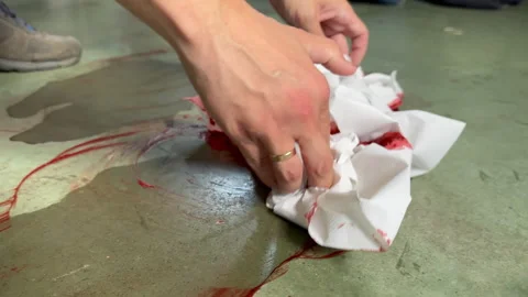 Paramedic's hands clean up pools of blood on the floor after closing soldier's Stock Footage 256144922