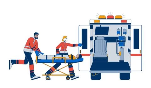 Paramedics loading patient into ambulance 2D vector illustration Stock Illustration