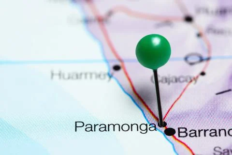 Paramonga pinned on a map of Peru Stock Photos