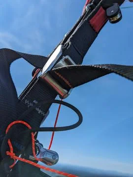 Paramotor trims on free line ends used for wing geometry adjustment during Stock Photos