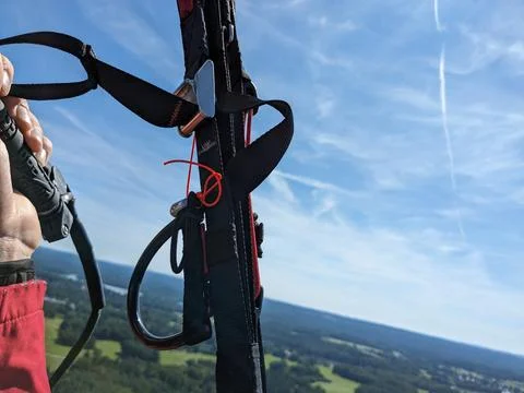 Paramotor trims on free line ends used for wing geometry adjustment during Stock Photos