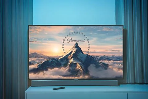 Paramount intro logo on TV. Paramount Pictures Corporation is an American film Stock Photos