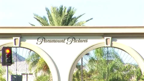 Paramount Pictures with red traffic light in Hollywood, CA USA Stock Footage 81458974