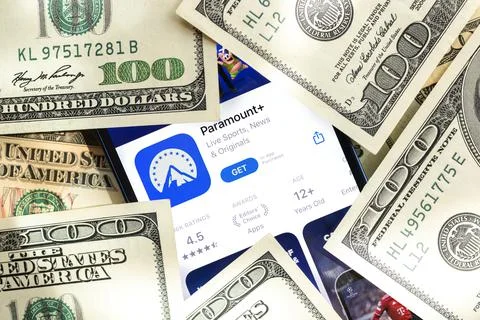 Paramount Plus app, TV streaming application icon close-up on mobile phone, b Stock Photos