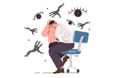 Paranoia and panic attack cause fear in business man, sitting among hands of イラスト素材