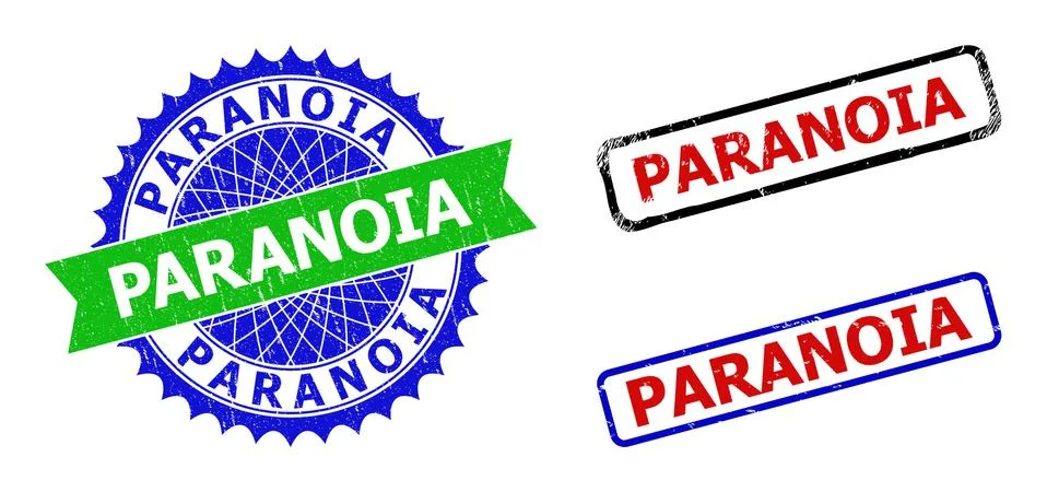 PARANOIA Rosette and Rectangle Bicolor Stamp Seals with Grunged Surfaces Stock Illustration